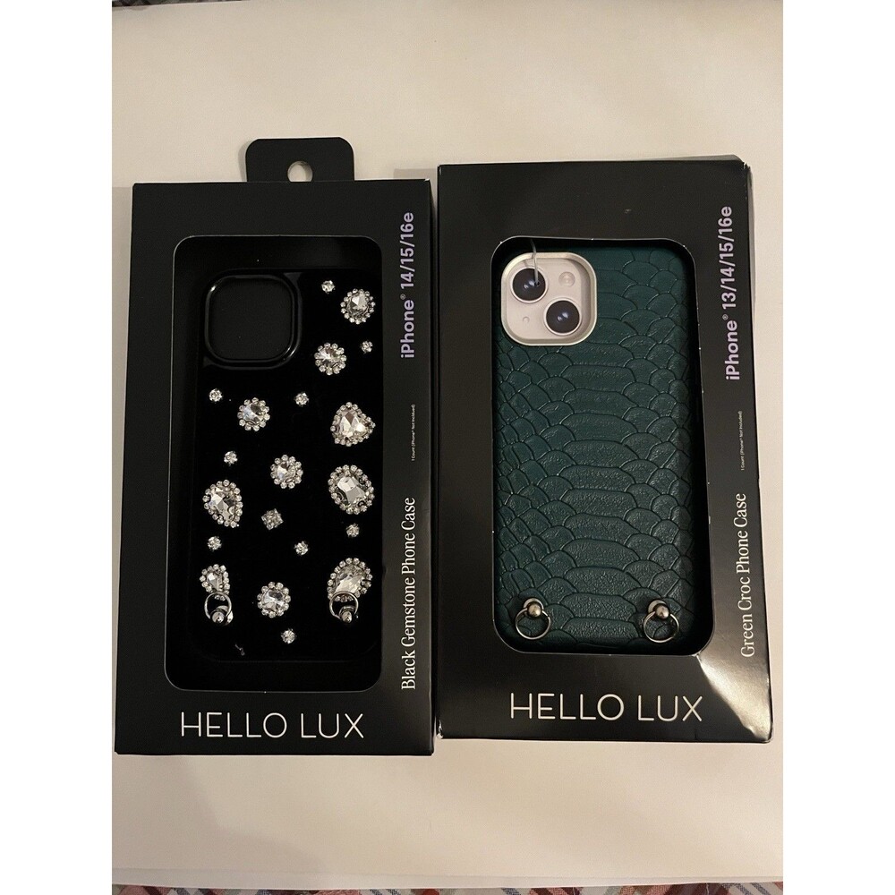 Lot of 2 Hello Lux iPhone 16 15 14 13 Case Green Croc Black Gemstone Strap Loops